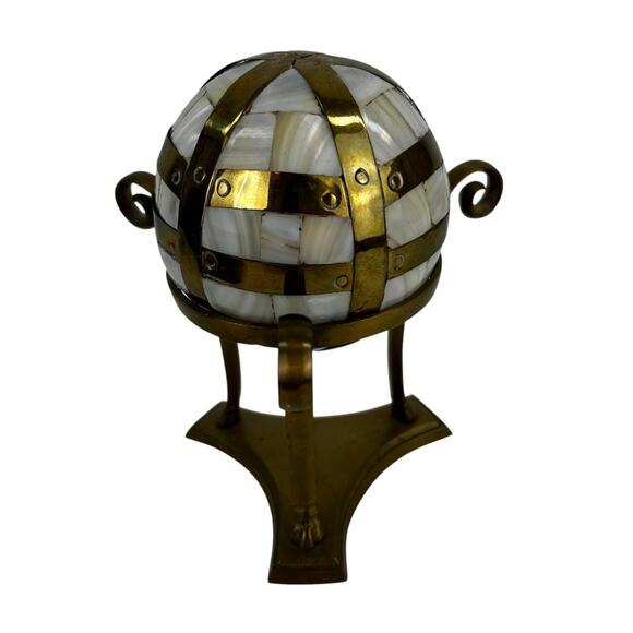 Mother of Pearl and Brass Sphere on Brass Stand 6.25" x 7" Globe Sphere 4" Wide - Picture 3 of 9